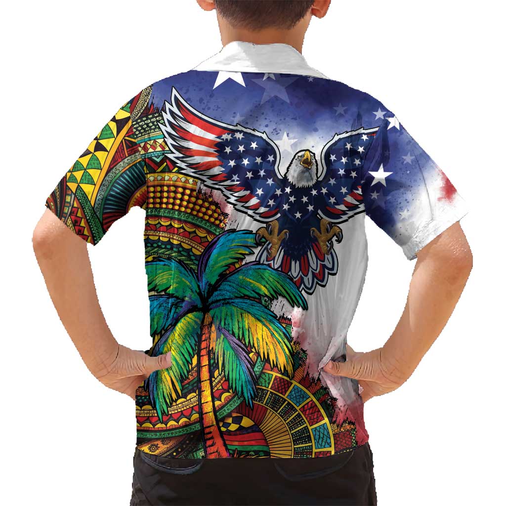 Caribbean American Together Family Matching Off Shoulder Maxi Dress and Hawaiian Shirt USA Flag Eagle and Coloful Palm Tree - Wonder Print Shop