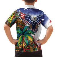 Caribbean American Together Family Matching Off Shoulder Maxi Dress and Hawaiian Shirt USA Flag Eagle and Coloful Palm Tree - Wonder Print Shop