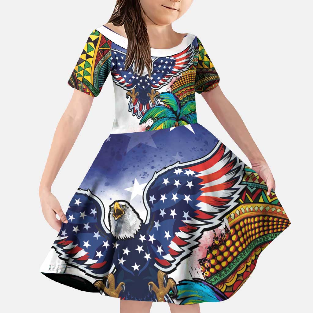 Caribbean American Together Family Matching Off Shoulder Maxi Dress and Hawaiian Shirt USA Flag Eagle and Coloful Palm Tree - Wonder Print Shop