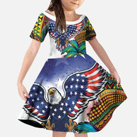 Caribbean American Together Family Matching Off Shoulder Maxi Dress and Hawaiian Shirt USA Flag Eagle and Coloful Palm Tree - Wonder Print Shop