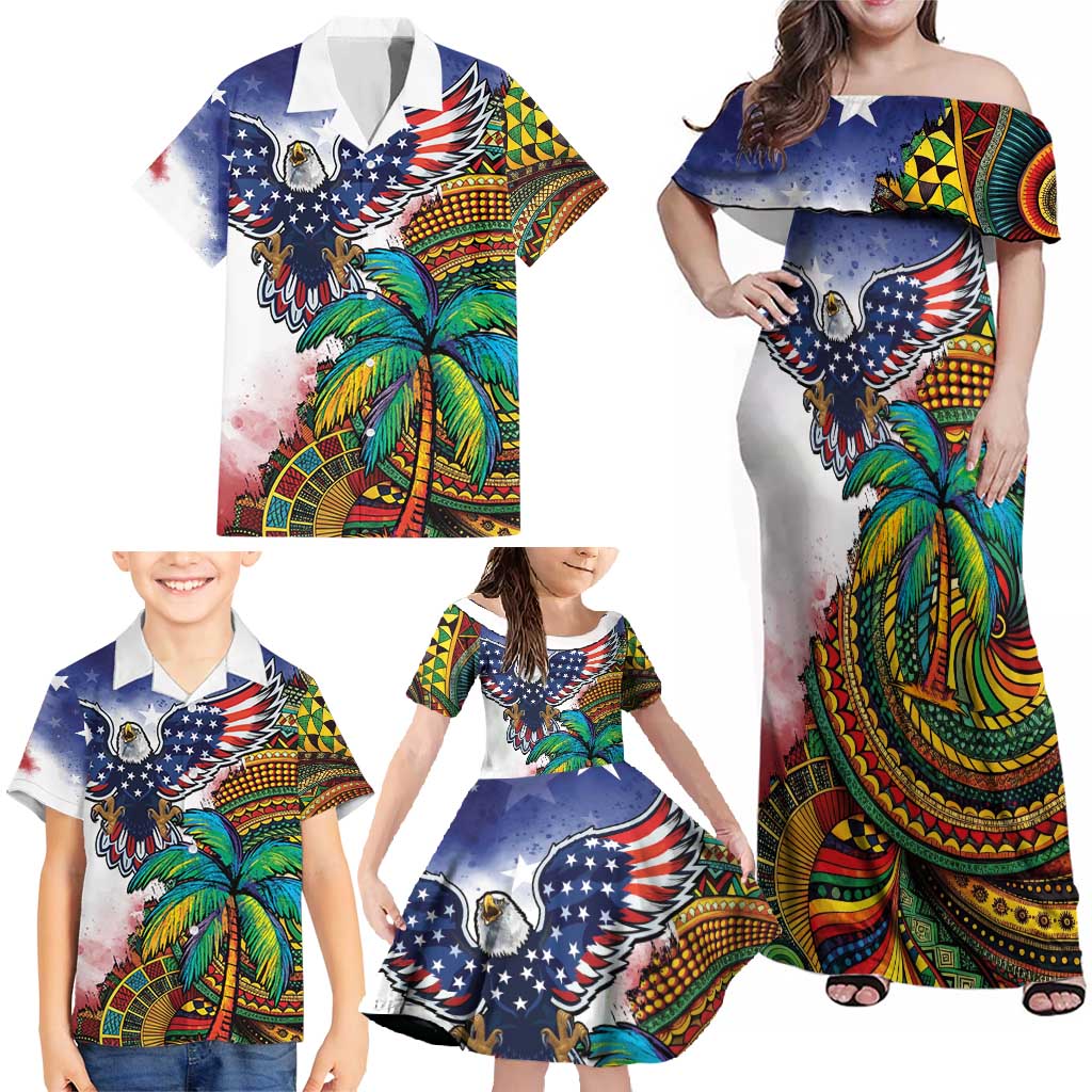 Caribbean American Together Family Matching Off Shoulder Maxi Dress and Hawaiian Shirt USA Flag Eagle and Coloful Palm Tree - Wonder Print Shop