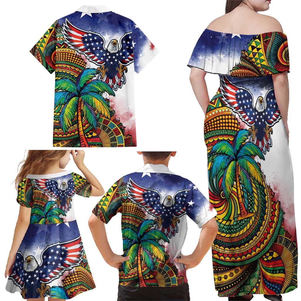 Caribbean American Together Family Matching Off Shoulder Maxi Dress and Hawaiian Shirt USA Flag Eagle and Coloful Palm Tree - Wonder Print Shop