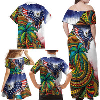 Caribbean American Together Family Matching Off Shoulder Maxi Dress and Hawaiian Shirt USA Flag Eagle and Coloful Palm Tree - Wonder Print Shop