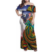 Caribbean American Together Family Matching Off Shoulder Maxi Dress and Hawaiian Shirt USA Flag Eagle and Coloful Palm Tree - Wonder Print Shop