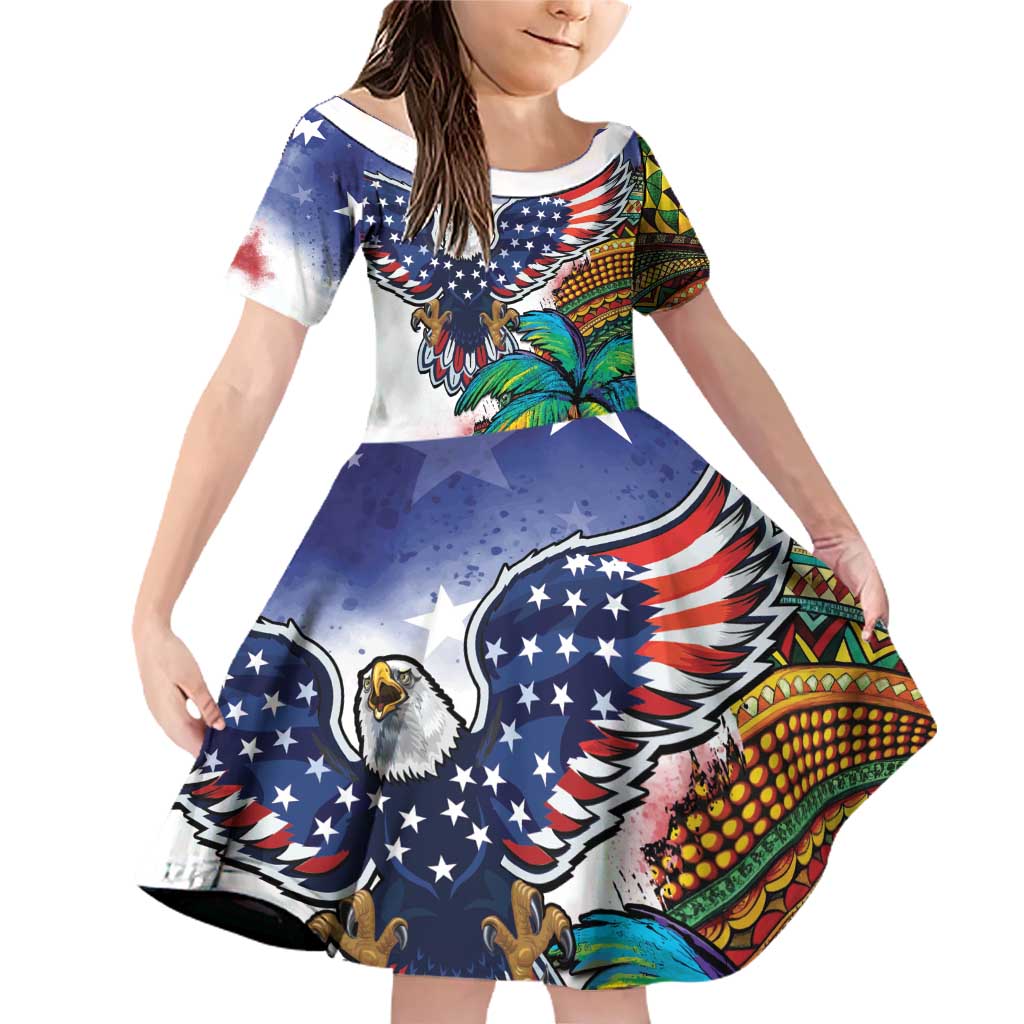 Caribbean American Together Family Matching Off Shoulder Short Dress and Hawaiian Shirt USA Flag Eagle and Coloful Palm Tree - Wonder Print Shop