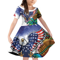 Caribbean American Together Family Matching Off Shoulder Short Dress and Hawaiian Shirt USA Flag Eagle and Coloful Palm Tree - Wonder Print Shop