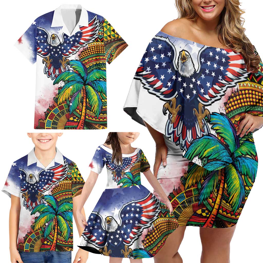 Caribbean American Together Family Matching Off Shoulder Short Dress and Hawaiian Shirt USA Flag Eagle and Coloful Palm Tree - Wonder Print Shop