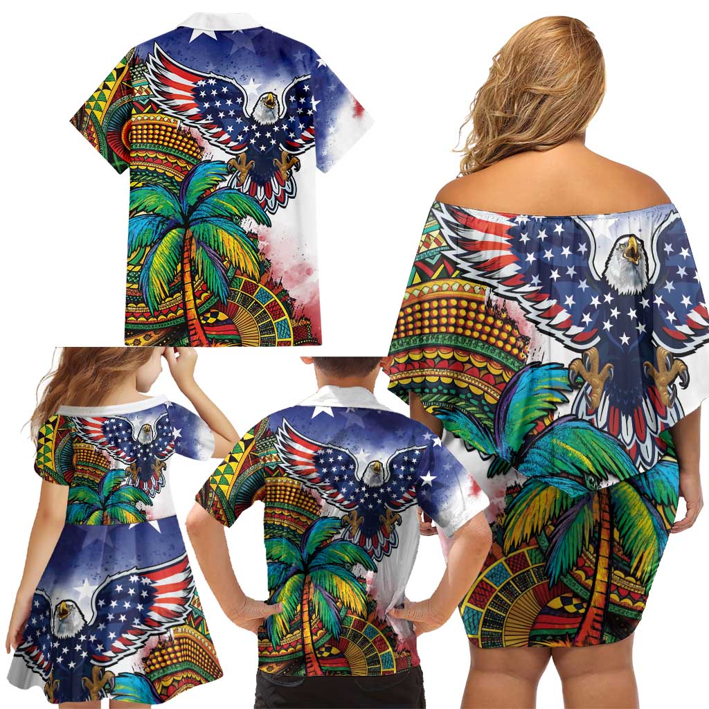 Caribbean American Together Family Matching Off Shoulder Short Dress and Hawaiian Shirt USA Flag Eagle and Coloful Palm Tree - Wonder Print Shop