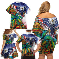 Caribbean American Together Family Matching Off Shoulder Short Dress and Hawaiian Shirt USA Flag Eagle and Coloful Palm Tree - Wonder Print Shop