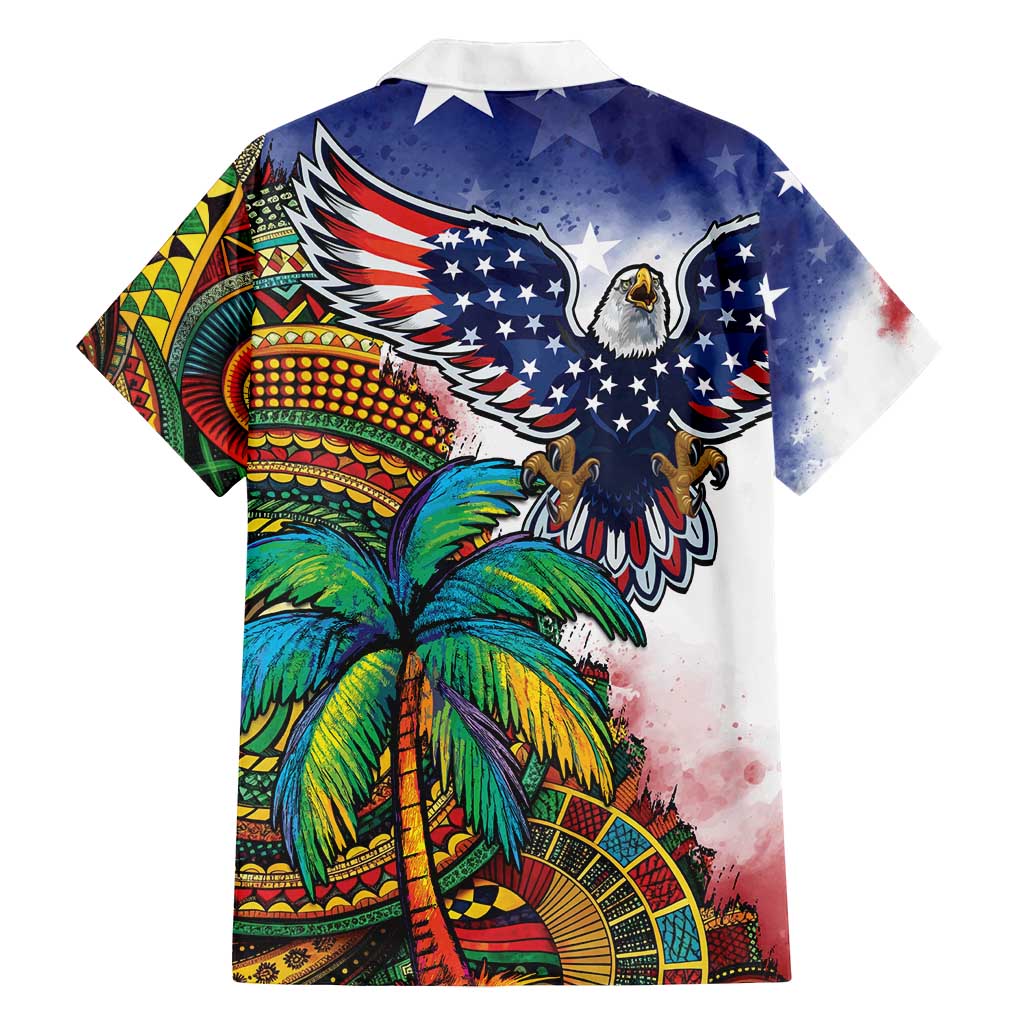 Caribbean American Together Family Matching Off Shoulder Short Dress and Hawaiian Shirt USA Flag Eagle and Coloful Palm Tree - Wonder Print Shop