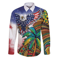 Caribbean American Together Family Matching Off Shoulder Short Dress and Hawaiian Shirt USA Flag Eagle and Coloful Palm Tree - Wonder Print Shop