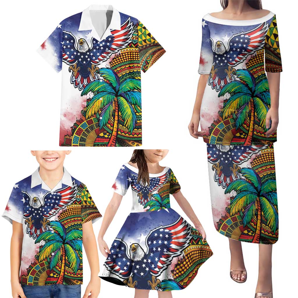 Caribbean American Together Family Matching Puletasi and Hawaiian Shirt USA Flag Eagle and Coloful Palm Tree - Wonder Print Shop