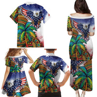 Caribbean American Together Family Matching Puletasi and Hawaiian Shirt USA Flag Eagle and Coloful Palm Tree - Wonder Print Shop