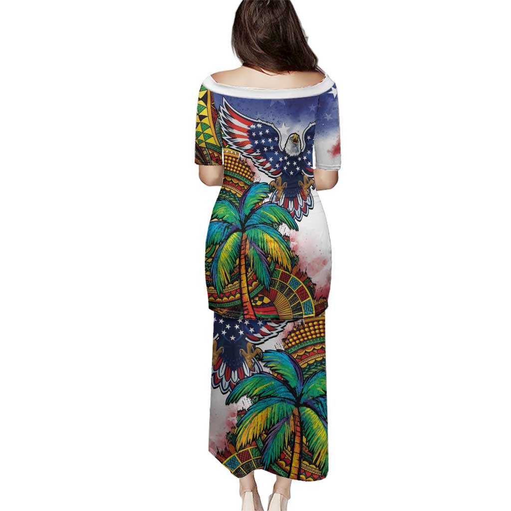 Caribbean American Together Family Matching Puletasi and Hawaiian Shirt USA Flag Eagle and Coloful Palm Tree - Wonder Print Shop