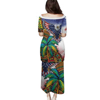 Caribbean American Together Family Matching Puletasi and Hawaiian Shirt USA Flag Eagle and Coloful Palm Tree - Wonder Print Shop