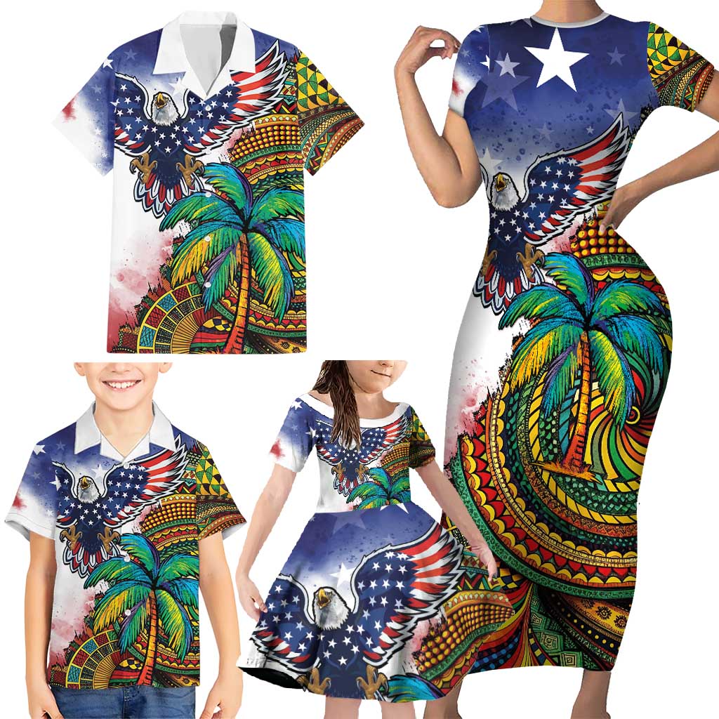 Caribbean American Together Family Matching Short Sleeve Bodycon Dress and Hawaiian Shirt USA Flag Eagle and Coloful Palm Tree - Wonder Print Shop