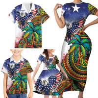 Caribbean American Together Family Matching Short Sleeve Bodycon Dress and Hawaiian Shirt USA Flag Eagle and Coloful Palm Tree - Wonder Print Shop
