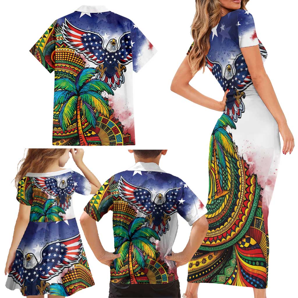 Caribbean American Together Family Matching Short Sleeve Bodycon Dress and Hawaiian Shirt USA Flag Eagle and Coloful Palm Tree - Wonder Print Shop