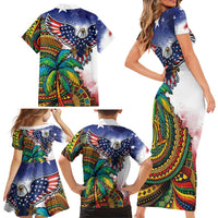 Caribbean American Together Family Matching Short Sleeve Bodycon Dress and Hawaiian Shirt USA Flag Eagle and Coloful Palm Tree - Wonder Print Shop