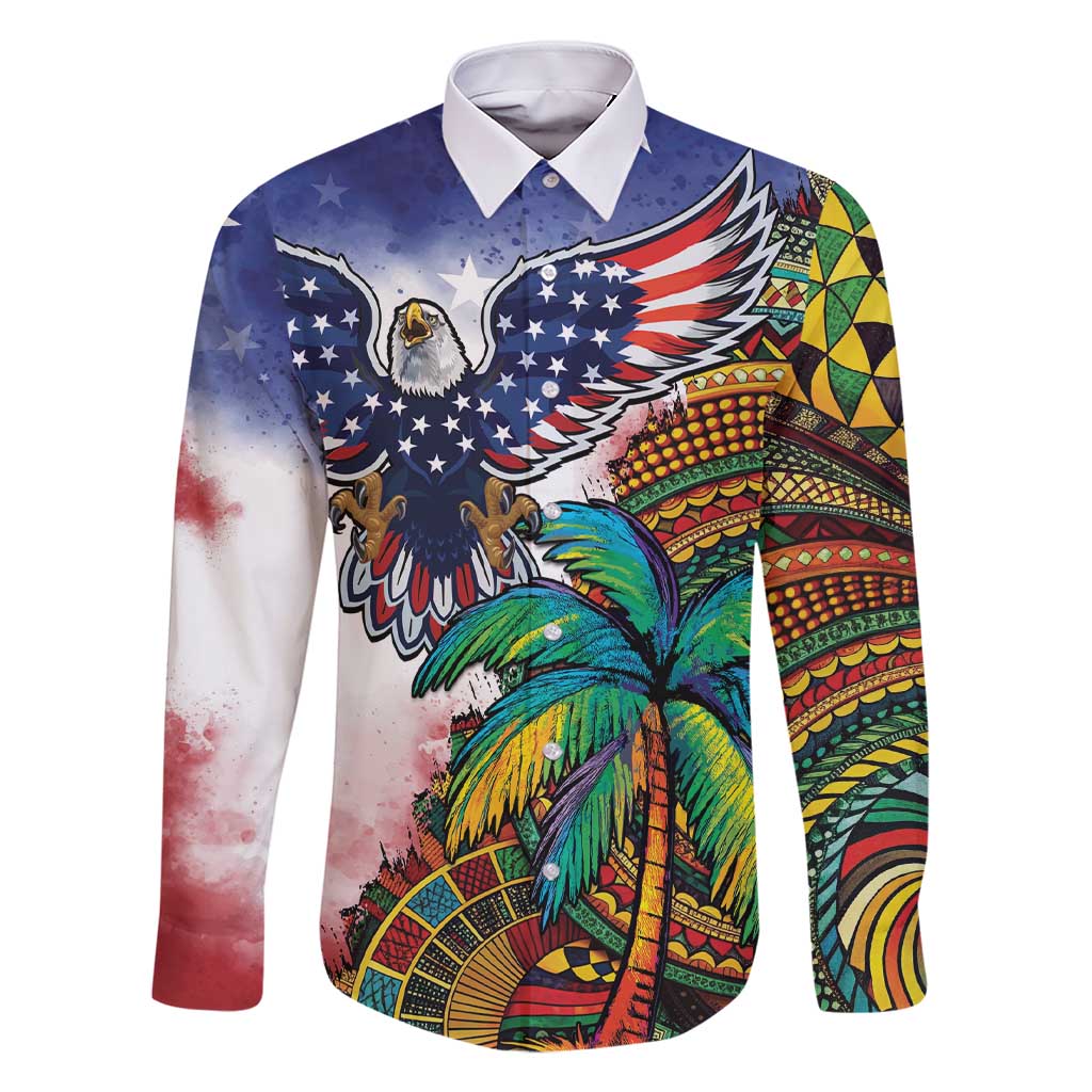 Caribbean American Together Family Matching Short Sleeve Bodycon Dress and Hawaiian Shirt USA Flag Eagle and Coloful Palm Tree - Wonder Print Shop