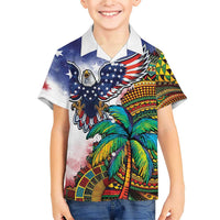 Caribbean American Together Family Matching Short Sleeve Bodycon Dress and Hawaiian Shirt USA Flag Eagle and Coloful Palm Tree - Wonder Print Shop