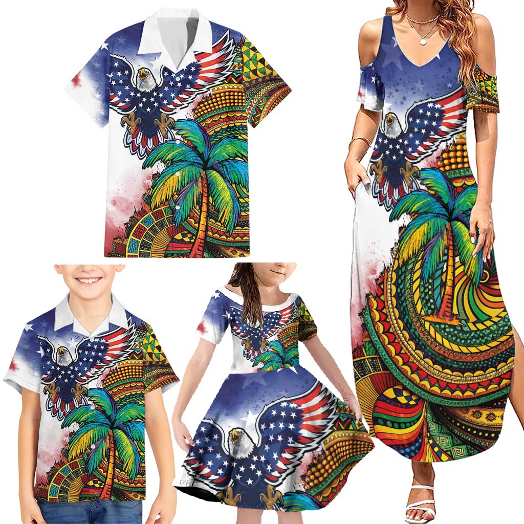 Caribbean American Together Family Matching Summer Maxi Dress and Hawaiian Shirt USA Flag Eagle and Coloful Palm Tree - Wonder Print Shop