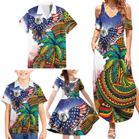 Caribbean American Together Family Matching Summer Maxi Dress and Hawaiian Shirt USA Flag Eagle and Coloful Palm Tree - Wonder Print Shop