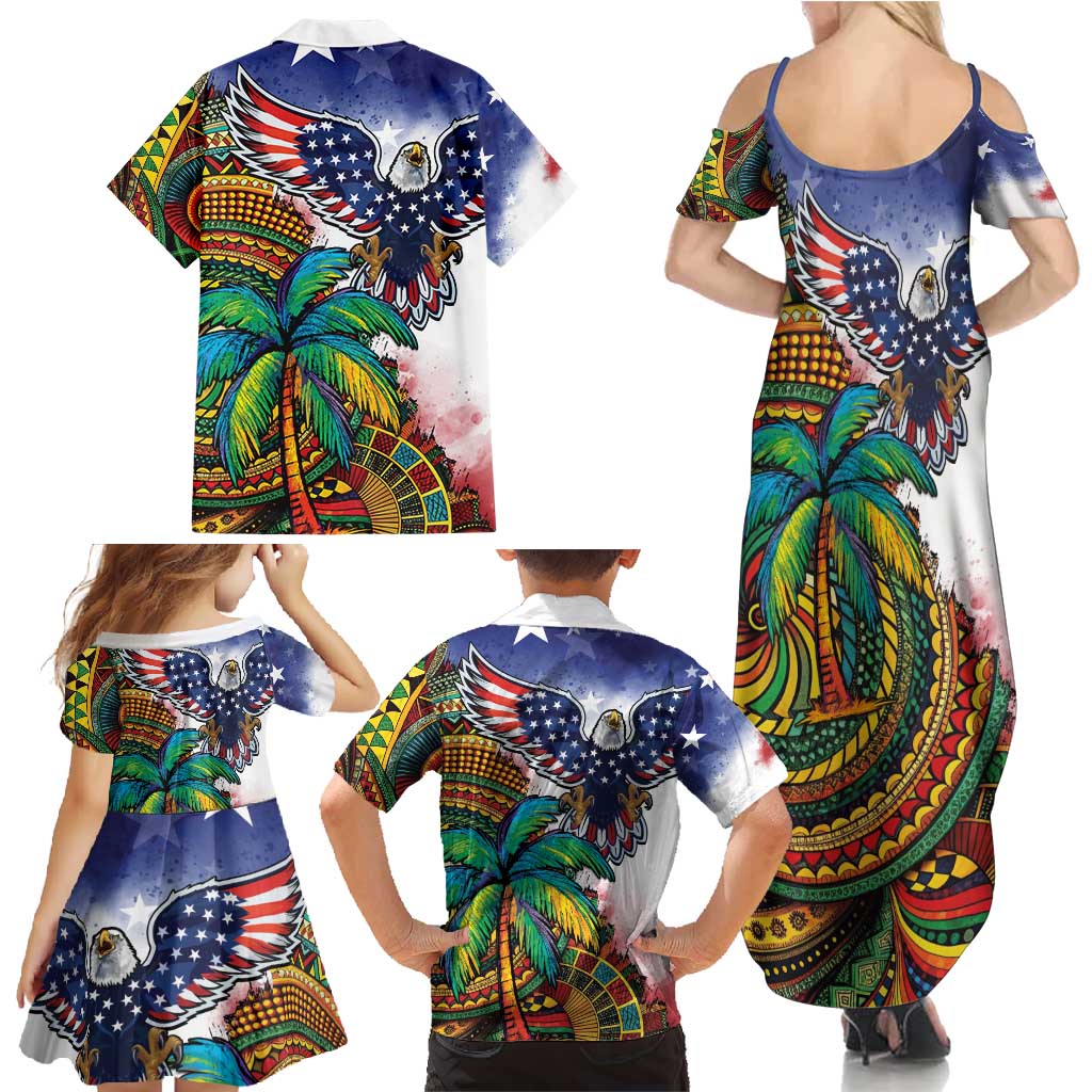Caribbean American Together Family Matching Summer Maxi Dress and Hawaiian Shirt USA Flag Eagle and Coloful Palm Tree - Wonder Print Shop