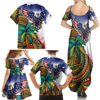 Caribbean American Together Family Matching Summer Maxi Dress and Hawaiian Shirt USA Flag Eagle and Coloful Palm Tree - Wonder Print Shop
