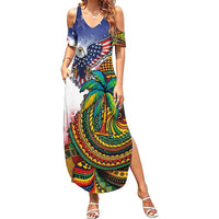 Caribbean American Together Family Matching Summer Maxi Dress and Hawaiian Shirt USA Flag Eagle and Coloful Palm Tree - Wonder Print Shop