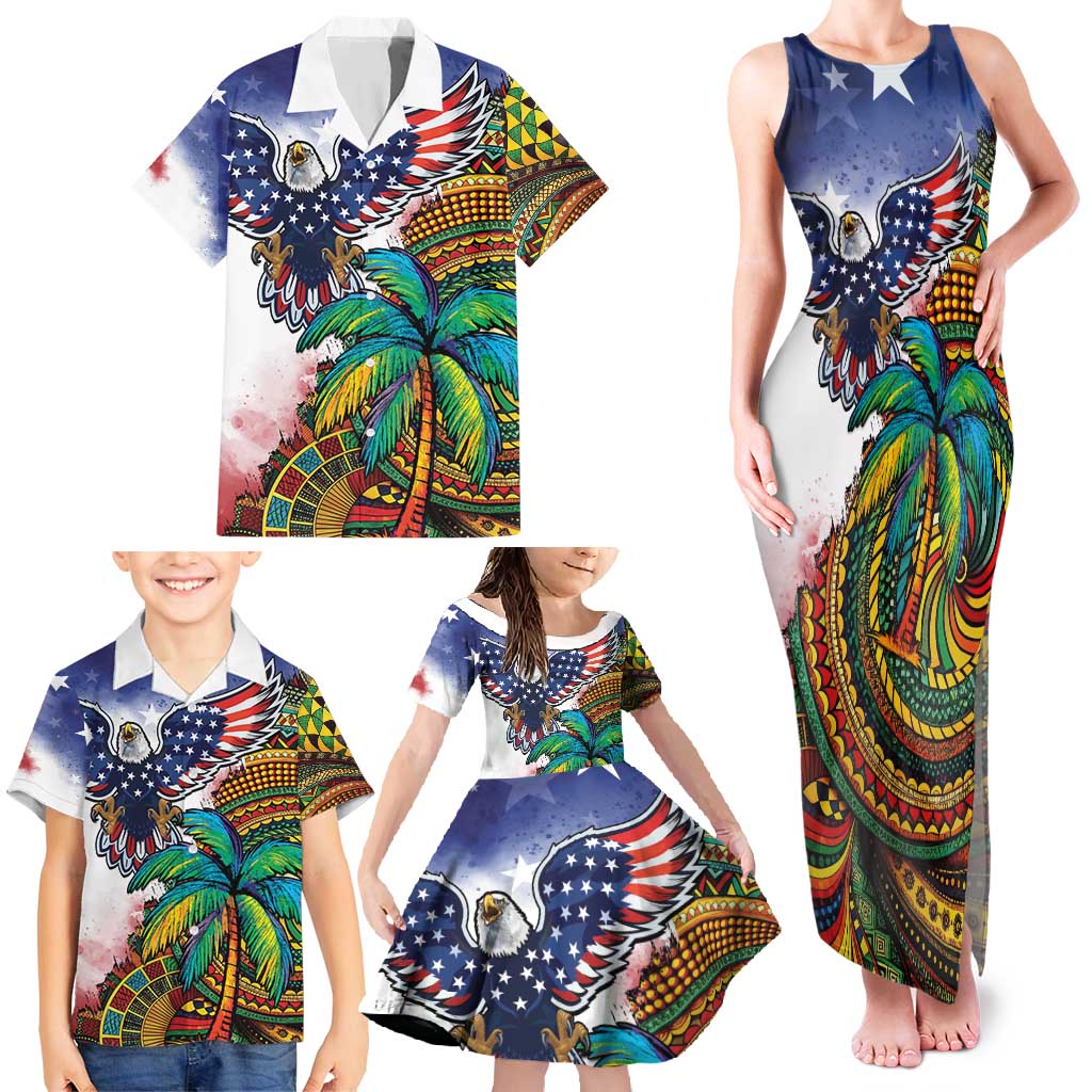 Caribbean American Together Family Matching Tank Maxi Dress and Hawaiian Shirt USA Flag Eagle and Coloful Palm Tree - Wonder Print Shop