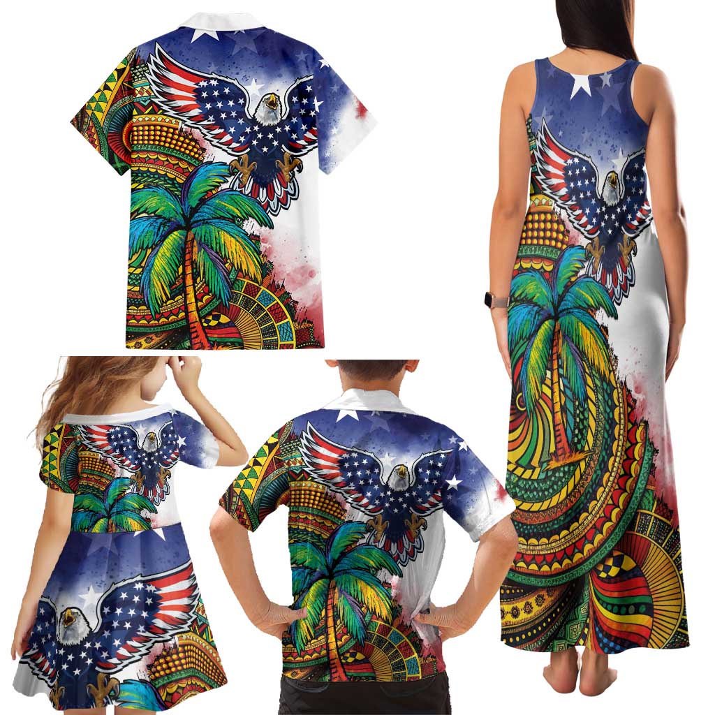 Caribbean American Together Family Matching Tank Maxi Dress and Hawaiian Shirt USA Flag Eagle and Coloful Palm Tree - Wonder Print Shop