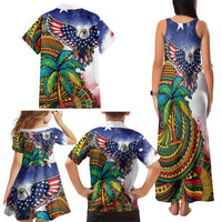 Caribbean American Together Family Matching Tank Maxi Dress and Hawaiian Shirt USA Flag Eagle and Coloful Palm Tree - Wonder Print Shop