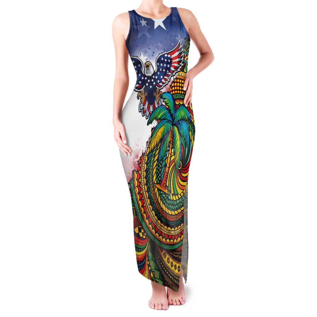 Caribbean American Together Family Matching Tank Maxi Dress and Hawaiian Shirt USA Flag Eagle and Coloful Palm Tree - Wonder Print Shop