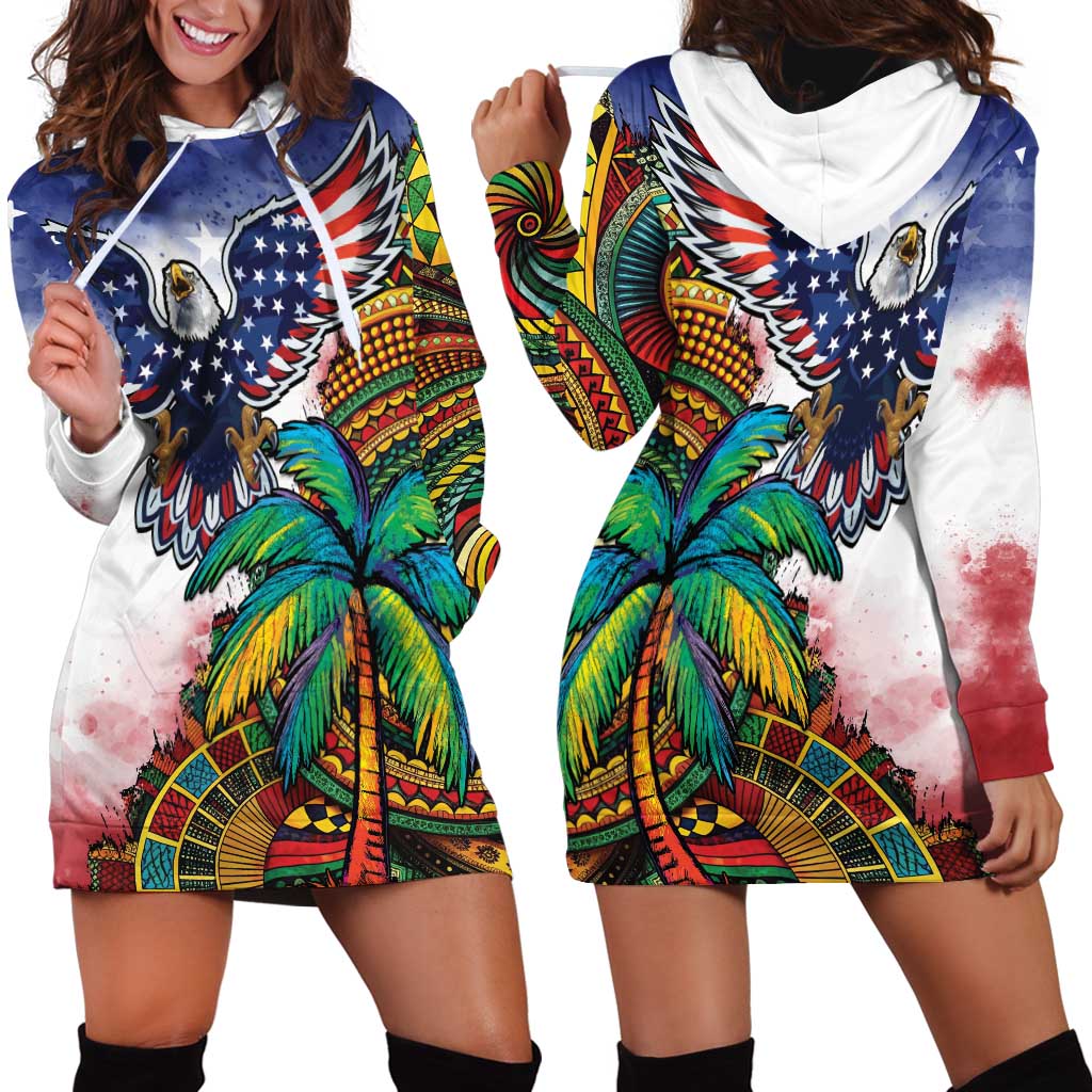 Caribbean American Together Hoodie Dress USA Flag Eagle and Coloful Palm Tree - Wonder Print Shop