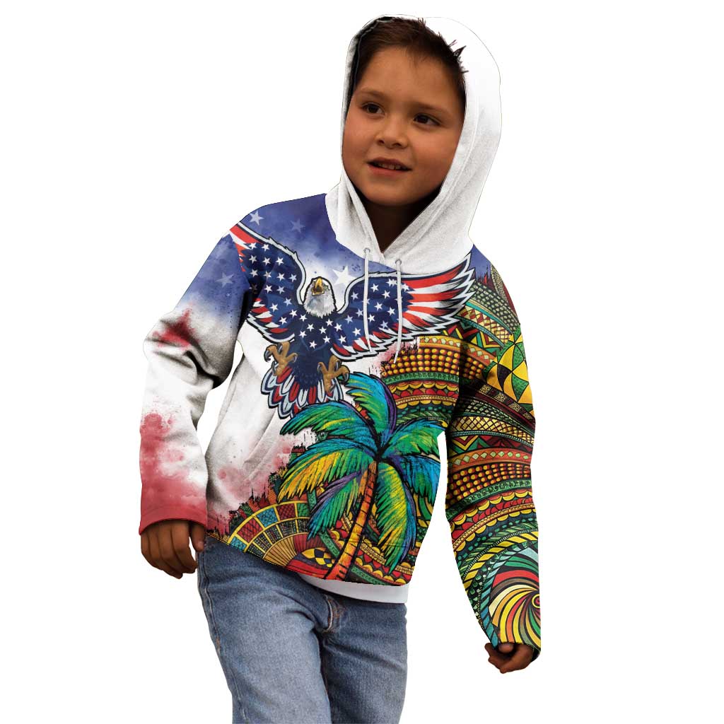 Caribbean American Together Kid Hoodie USA Flag Eagle and Coloful Palm Tree - Wonder Print Shop