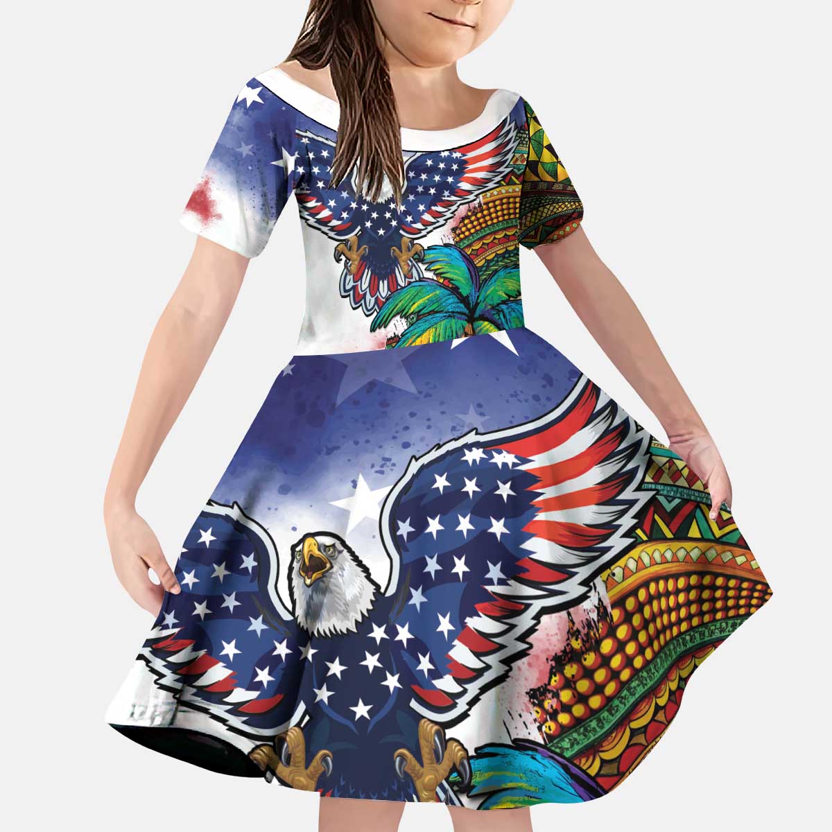 Caribbean American Together Kid Short Sleeve Dress USA Flag Eagle and Coloful Palm Tree - Wonder Print Shop