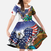 Caribbean American Together Kid Short Sleeve Dress USA Flag Eagle and Coloful Palm Tree - Wonder Print Shop