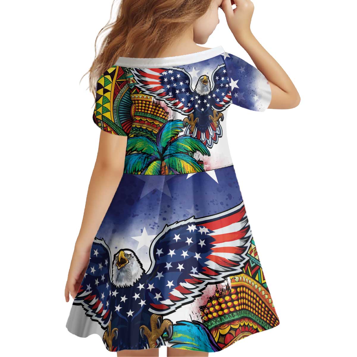 Caribbean American Together Kid Short Sleeve Dress USA Flag Eagle and Coloful Palm Tree - Wonder Print Shop