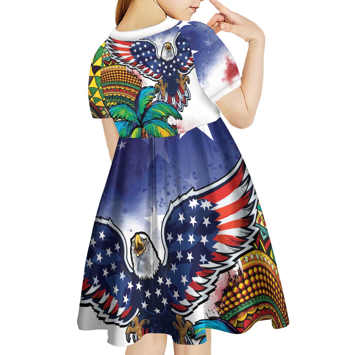 Caribbean American Together Kid Short Sleeve Dress USA Flag Eagle and Coloful Palm Tree - Wonder Print Shop
