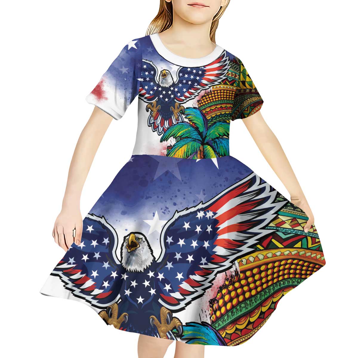Caribbean American Together Kid Short Sleeve Dress USA Flag Eagle and Coloful Palm Tree - Wonder Print Shop