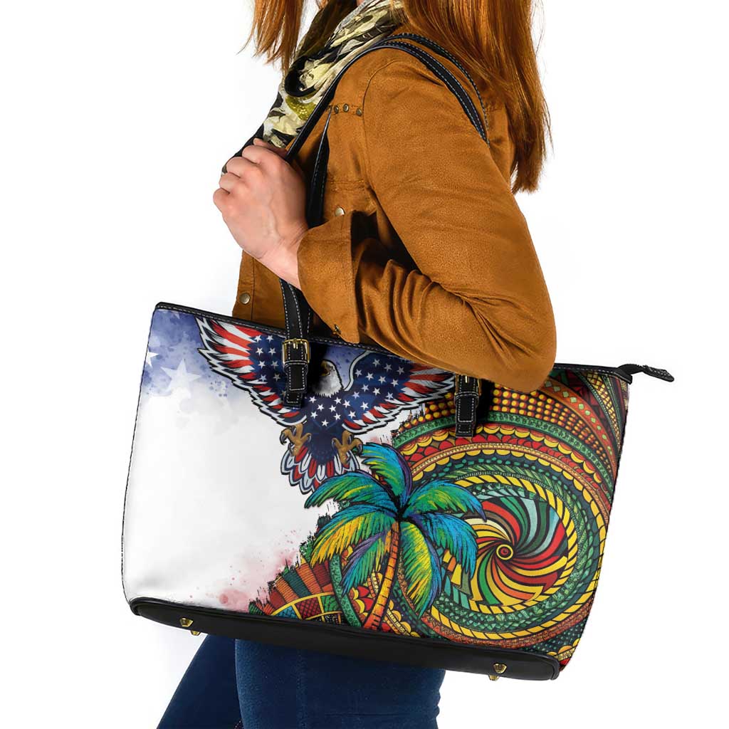 Caribbean American Together Leather Tote Bag USA Flag Eagle and Coloful Palm Tree - Wonder Print Shop