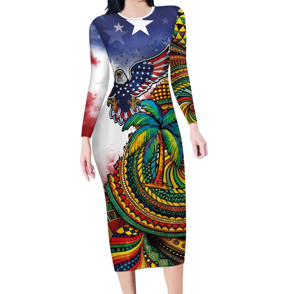 Caribbean American Together Long Sleeve Bodycon Dress USA Flag Eagle and Coloful Palm Tree - Wonder Print Shop