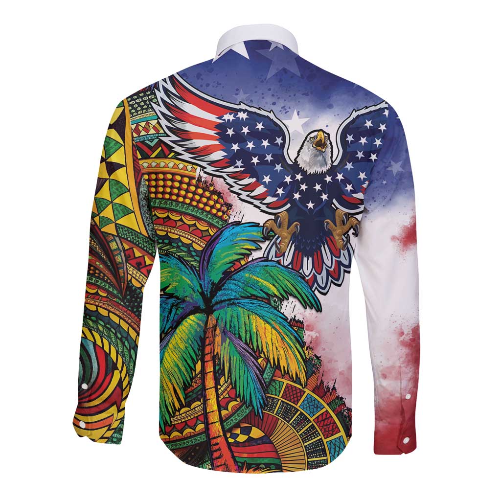 Caribbean American Together Long Sleeve Button Shirt USA Flag Eagle and Coloful Palm Tree - Wonder Print Shop