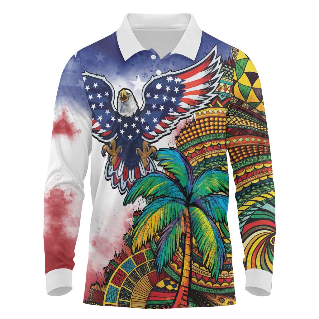 Caribbean American Together Long Sleeve Polo Shirt USA Flag Eagle and Coloful Palm Tree - Wonder Print Shop