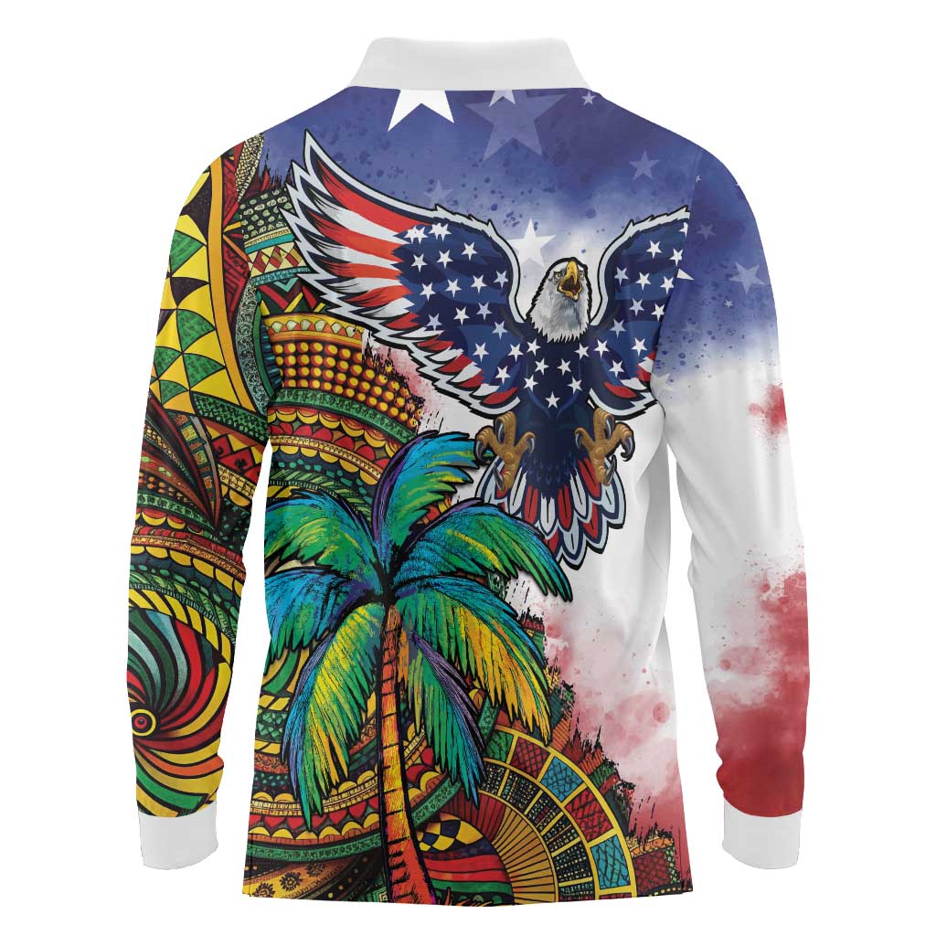Caribbean American Together Long Sleeve Polo Shirt USA Flag Eagle and Coloful Palm Tree - Wonder Print Shop