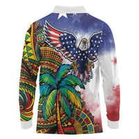 Caribbean American Together Long Sleeve Polo Shirt USA Flag Eagle and Coloful Palm Tree - Wonder Print Shop