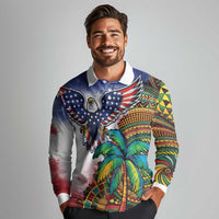 Caribbean American Together Long Sleeve Polo Shirt USA Flag Eagle and Coloful Palm Tree - Wonder Print Shop