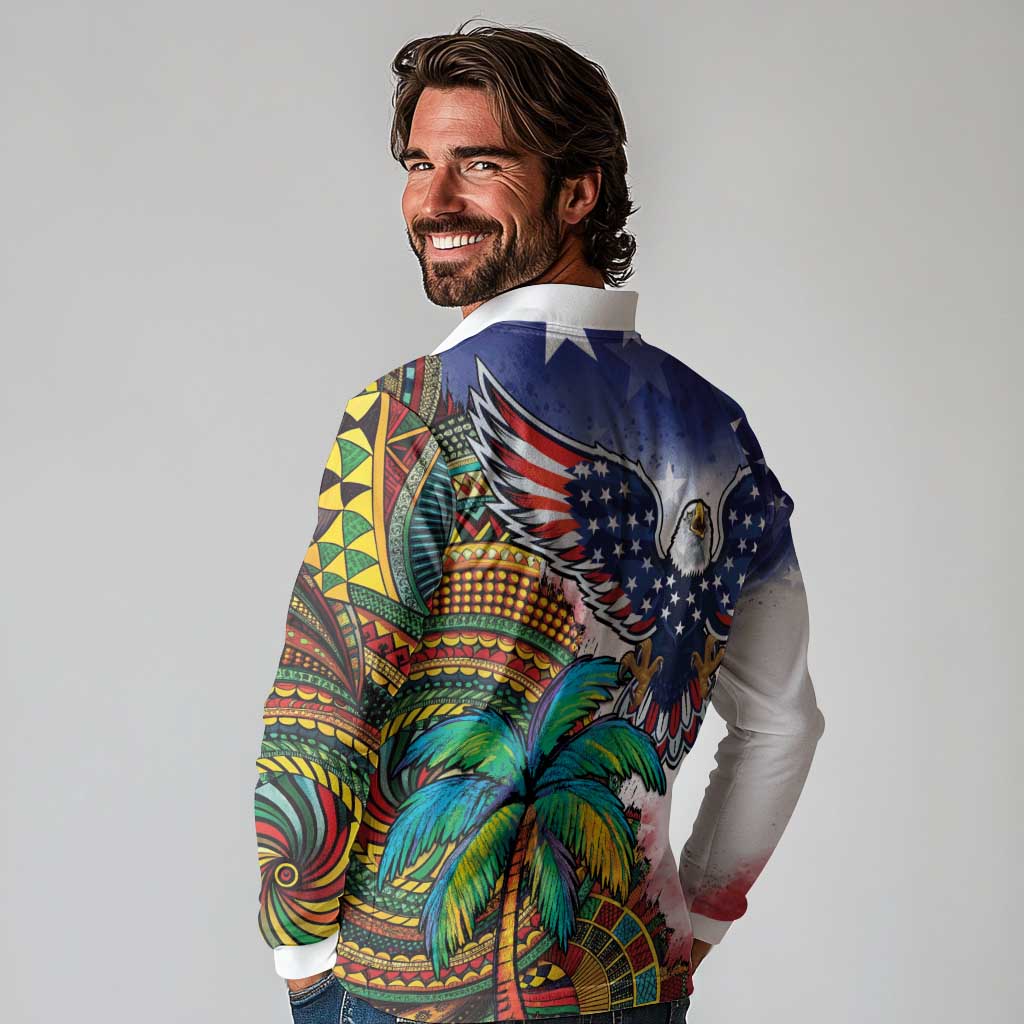 Caribbean American Together Long Sleeve Polo Shirt USA Flag Eagle and Coloful Palm Tree - Wonder Print Shop