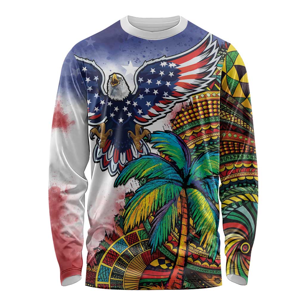 Caribbean American Together Long Sleeve Shirt USA Flag Eagle and Coloful Palm Tree - Wonder Print Shop